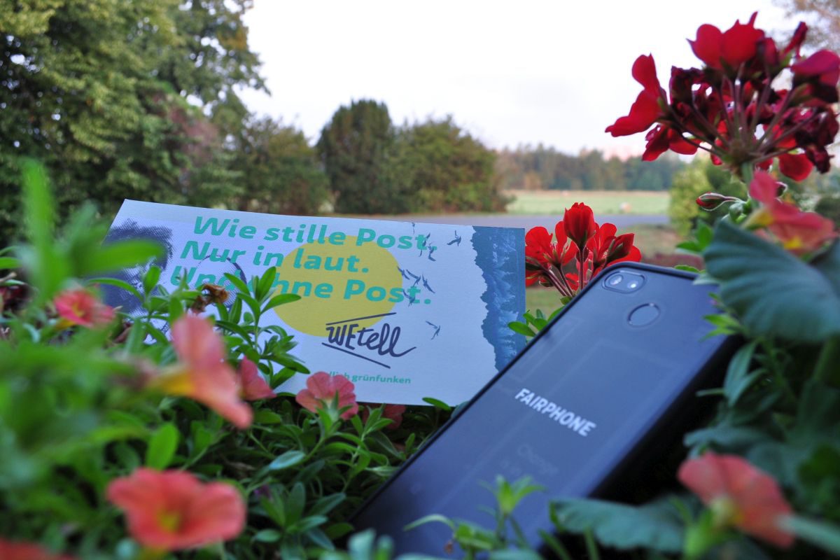 WEtell-Flyer und Fairphone im Blumenkasten
