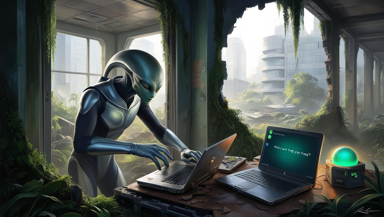 In einer postapokalyptischen Stadt findet ein Alien einen Laptop. Darauf befindet sich eine lauffähige Kopie von ChatGPT. Bild: Canva